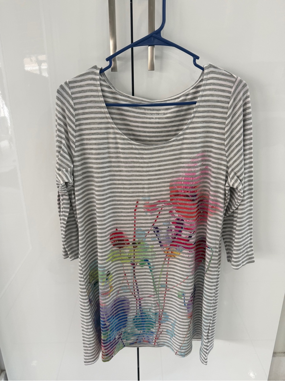Soft Surroundings Gray & White Striped Tee